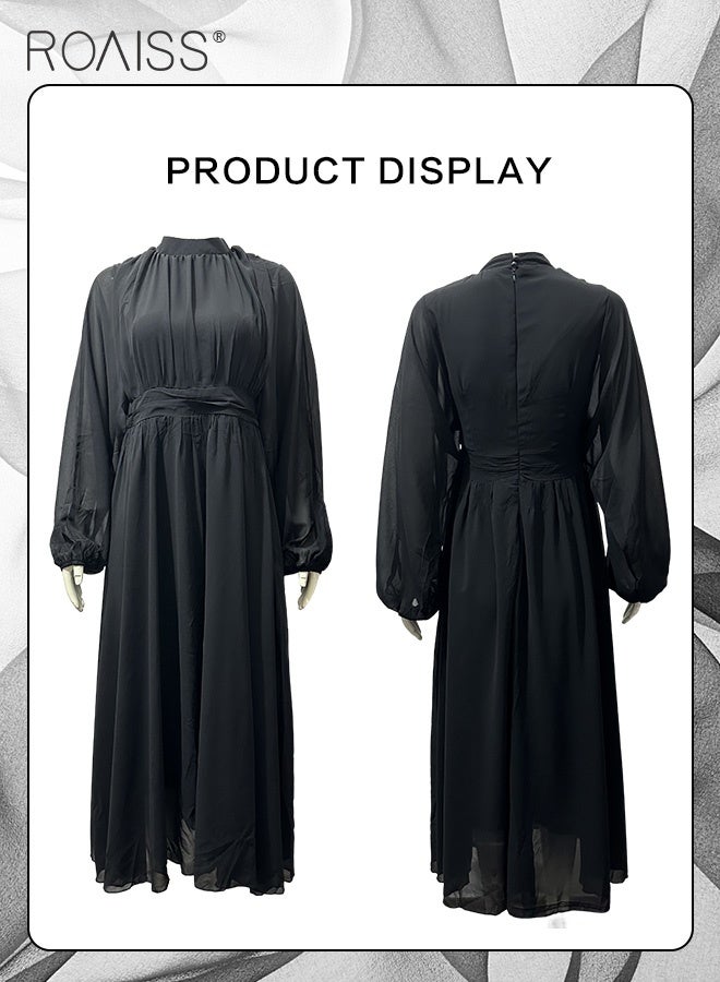 رويس فستان شيفون أنيق للنساء، تصميم عصري متعدد الاستخدامات، بياقة واقفة وأكمام واسعة وخصر عالٍ، مثالي للمناسبات والحفلات، يجمع بين الرقي والأناقة في قطعة واحدة، باللون الأسود. - Image 4